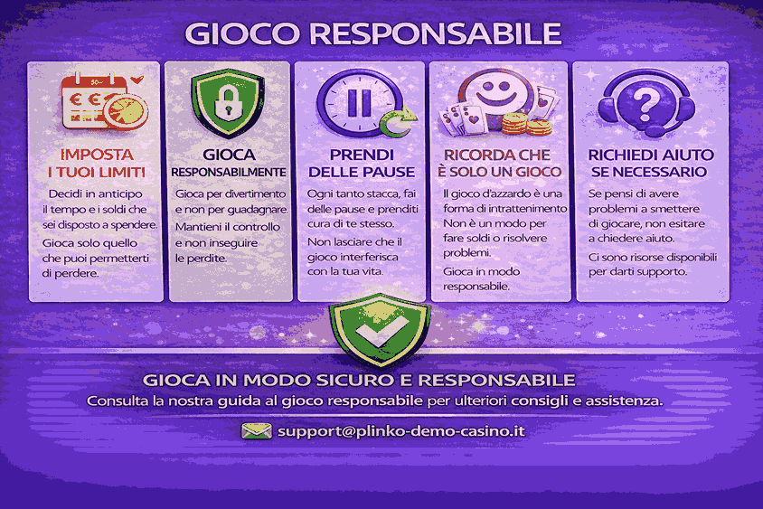 Immagine informativa sul gioco responsabile con consigli su limiti, pause, controllo del gioco e richiesta di aiuto su plinko-demo-casino.it