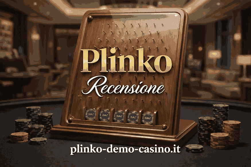 Immagine Plinko Recensione con tabellone in legno stile casinò e fiches attorno su sfondo sala da gioco con testo plinko-demo-