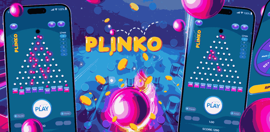 Illustrazione promozionale del gioco Plinko su smartphone con palline rosa, monete e pulsante Play