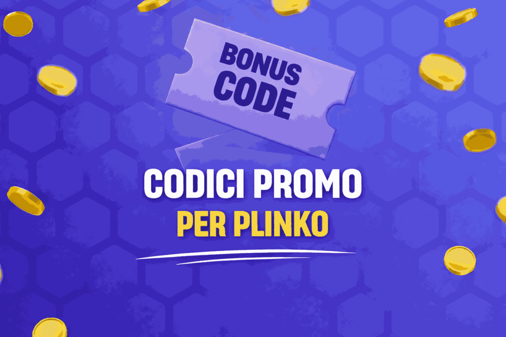 Banner con testo codici promo per Plinko e bonus code su un biglietto con monete che cadono su sfondo blu
