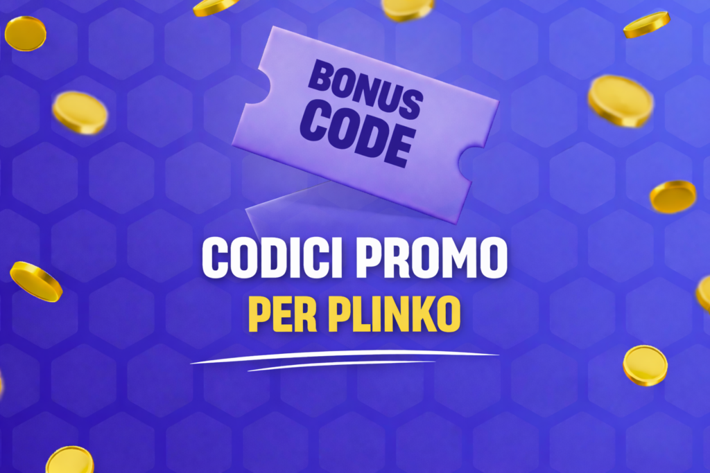 Banner con testo codici promo per Plinko e bonus code su un biglietto con monete che cadono su sfondo blu