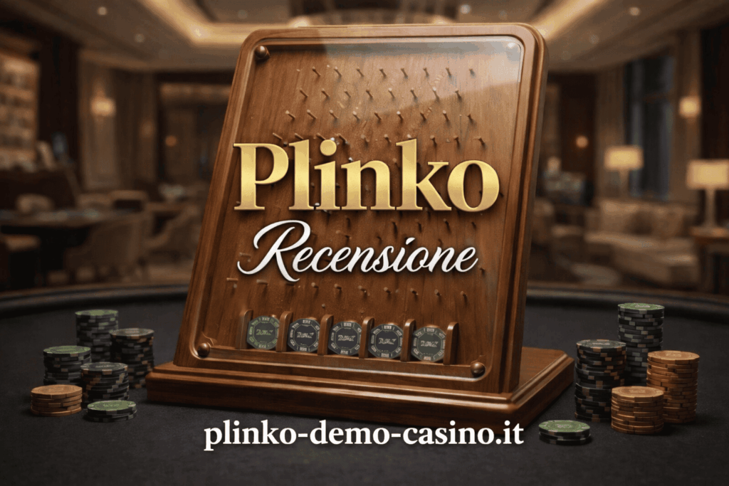 Immagine Plinko Recensione con tabellone in legno stile casinò e fiches attorno su sfondo sala da gioco con testo plinko-demo-casino.it